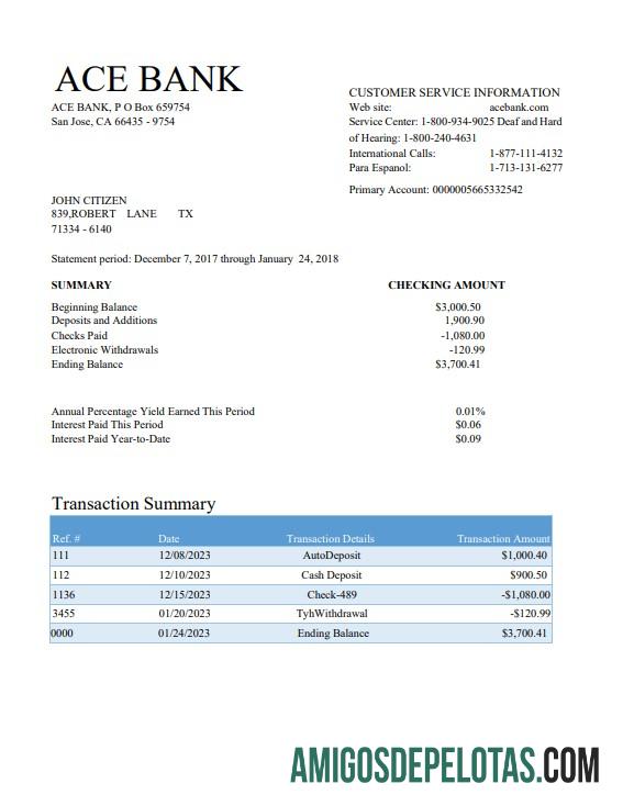 Modelo Word e PDF de extrato bancário ACE dos EUA para impressão